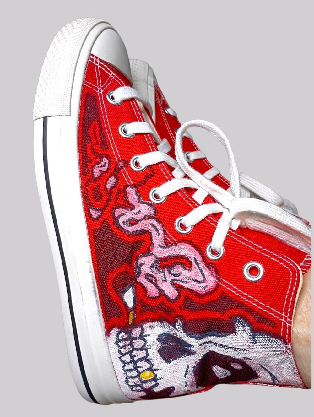 Vtg Sneakers High-Top Canvas Red Women's 8 Hand-Painted Original OOAK NEW Lace